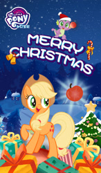 Size: 750x1280 | Tagged: safe, applejack, spike, dragon, earth pony, pony, apple, chinese, christmas, christmas tree, cute, food, hat, holiday, jackabetes, my little pony logo, official, present, santa hat, snow, tree