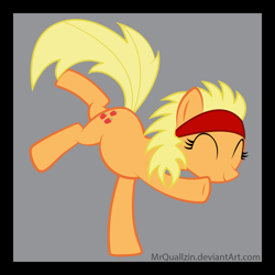 Size: 1733x1733 | Tagged: safe, artist:mrquallzin, derpibooru import, applejack, earth pony, pony, alternate hairstyle, cute, dancing, eyes closed, female, gray background, headband, jackabetes, mare, missing freckles, no nostrils, simple background, smiling, solo, standing, standing on one leg, watermark