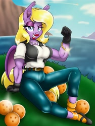 Size: 3000x4000 | Tagged: safe, artist:pananovich, oc, oc only, oc:flourish glade, anthro, bat pony, plantigrade anthro, android 18, bat pony oc, bat wings, biceps, breasts, clothes, cosplay, costume, dragon ball (object), dragon ball z, female, jewelry, lidded eyes, looking at you, mare, muscles, necklace, sitting, solo, wings