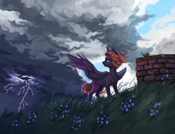 Size: 1500x1145 | Tagged: safe, artist:weird--fish, oc, oc only, pegasus, pony, lightning, snail, solo, thunderstorm, well