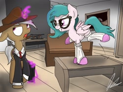 Size: 2048x1536 | Tagged: safe, artist:flaremoon, oc, oc:flare-moon, oc:hazy breeze, pegasus, pony, unicorn, clothes, fedora, female, glasses, gun, hat, homecoming, hopping, levitation, living room, magic, male, mare, necktie, slice of life, slippers, socks, stallion, suit, suitcase, telekinesis, tommy gun, weapon