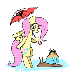 Size: 1280x1280 | Tagged: safe, artist:pencilbrony, fluttershy, pegasus, pony, bipedal, cute, female, flower, grass, hoof hold, looking at something, mare, open mouth, profile, shyabetes, simple background, snail, solo, umbrella, white background