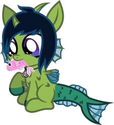 Size: 784x862 | Tagged: safe, artist:lightningbolt, derpibooru exclusive, oc, oc only, oc:demon hellspawn, fish, hybrid, pony, unicorn, .svg available, baby, biting, blood, colored hooves, colt, curved horn, cute, fangs, fins, fish tail, hair over one eye, half-siren, happy, horn, jewelry, leviathan cross, male, mouth hold, necklace, raised hoof, scales, simple background, sitting, slit eyes, solo, svg, transparent background, vector