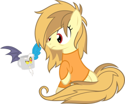 Size: 1613x1345 | Tagged: safe, artist:zacatron94, discord, oc, oc:alice goldenfeather, pegasus, pony, bed hair, clothes, coffee mug, female, mare, mug, shirt, simple background, transparent background