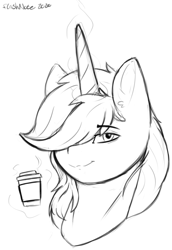 Size: 983x1431 | Tagged: safe, artist:flashnoteart, oc, oc:flashnote, pony, unicorn, black and white, bust, coffee cup, cup, grayscale, male, monochrome, portrait, sketch, solo