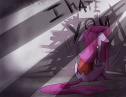Size: 2560x1991 | Tagged: safe, artist:penek-hemp-grove, derpibooru import, pinkie pie, earth pony, pony, clothes, crepuscular rays, crying, dr jekyll and mr hyde, female, floppy ears, i hate you, jekyll & hyde, mare, pinkamena diane pie, rear view, sitting, solo, wall writing