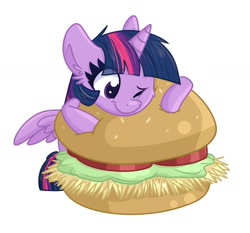 Size: 1500x1400 | Tagged: safe, artist:littleblackraencloud, twilight sparkle, twilight sparkle (alicorn), alicorn, pony, burger, cheek fluff, chibi, cute, ear fluff, female, food, hay burger, hug, mare, one eye closed, simple background, smiling, solo, twiabetes, twilight burgkle, white background, wink