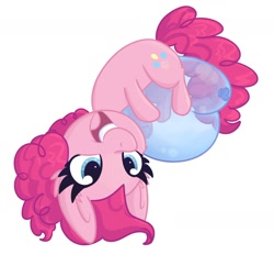 Size: 1400x1300 | Tagged: safe, artist:littleblackraencloud, pinkie pie, earth pony, pony, balloon, cheek fluff, chibi, cute, diapinkes, ear fluff, female, mare, open mouth, simple background, smiling, solo, upside down, white background