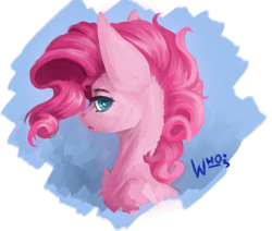 Size: 1280x1083 | Tagged: safe, artist:xzjeep, pinkie pie, earth pony, pony, blue background, bust, digital painting, female, lidded eyes, looking at you, mare, portrait, profile, semi-realistic, simple background, solo, transparent background, wavy mane