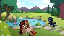 Size: 1024x581 | Tagged: safe, artist:seiani, oc, oc only, oc:blue dust, oc:lightning star, cat, earth pony, frog, pony, unicorn, colt, female, male, mare, mouth hold, pond, wooden sword