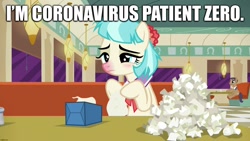 Size: 1920x1080 | Tagged: safe, edit, edited screencap, editor:useraccount, screencap, coco pommel, the saddle row review, caption, coronavirus, covid-19, image macro, patient zero, red nosed, sick, solo, text, tissue, tissue box