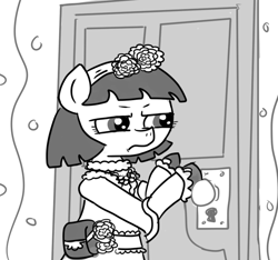 Size: 640x600 | Tagged: safe, artist:ficficponyfic, part of a series, part of a set, oc, oc:mulberry telltale, bag, closed door, cyoa, cyoa:madness in mournthread, doubt, female, flower, frills, headband, jewelry, listening, mare, monochrome, mystery, necklace, pursed lips, squint, story included, suspicious