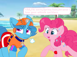 Size: 1440x1080 | Tagged: safe, artist:rainbow eevee edits, artist:徐詩珮, pinkie pie, spring rain, earth pony, pony, unicorn, series:sprglitemplight diary, series:sprglitemplight life jacket days, series:springshadowdrops diary, series:springshadowdrops life jacket days, alternate universe, angry, clothes, cute, dialogue, diapinkes, female, lifeguard, lifeguard spring rain, mare, paw patrol, spring rain is not amused, swimsuit, unamused