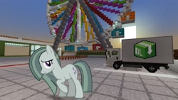 Size: 1334x750 | Tagged: safe, artist:mrkupkake, edit, editor:topsangtheman, marble pie, pony, ferris wheel, looking at you, minecraft, truck