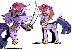 Size: 1290x893 | Tagged: safe, artist:klhpyro, twilight sparkle, twilight sparkle (alicorn), alicorn, armor, glowing horn, horn, royal guard armor, simple background, solo, sword, weapon, white background