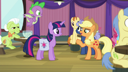 Size: 1920x1080 | Tagged: safe, screencap, applejack, cup cake, golden crust, goldengrape, granny smith, midnight snack (character), sir colton vines iii, spike, twilight sparkle, twilight sparkle (alicorn), alicorn, dragon, earth pony, pony, a trivial pursuit, bag, friendship student, saddle bag, winged spike