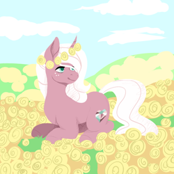 Size: 1024x1024 | Tagged: safe, artist:flowercatbutters, oc, oc only, oc:rosedust diamond, pony, unicorn, cutie mark, female, floral head wreath, flower, flower field, flower in hair, freckles, mare, prone, smiling, solo, stray strand