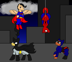 Size: 1244x1084 | Tagged: safe, artist:chili19, earth pony, pegasus, pony, batman, building, cape, clothes, cloud, crossover, dc comics, flying, hanging, looking up, male, marvel comics, mask, ponified, spider-man, spread wings, stallion, superman, the phantom, wings