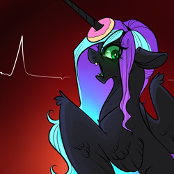 Size: 1600x1600 | Tagged: safe, artist:itsmalicious, oc, oc only, oc:ebony, alicorn, pony, alicorn oc, donut, electrocardiogram, female, food, gradient background, horn, horn impalement, solo