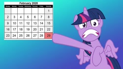 Size: 1214x683 | Tagged: safe, artist:pink1ejack, edit, twilight sparkle, twilight sparkle (alicorn), alicorn, pony, anonymous editor, calender, february, gradient background, leap day, leap year, panicking, pointing, solo