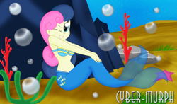 Size: 2448x1440 | Tagged: safe, artist:cyber-murph, bon bon, sweetie drops, mermaid, equestria girls, belly, belly button, bubble, coral, mermaidized, midriff, one eye closed, rock, seaweed, shell bra, signature, sitting, smiling, species swap, starfish, underwater, wink