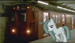 Size: 2048x1168 | Tagged: safe, artist:mrkupkake, edit, editor:topsangtheman, marble pie, earth pony, pony, female, irl, looking at you, mare, new york city subway, photo, ponies in real life