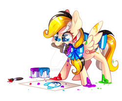 Size: 800x667 | Tagged: safe, artist:ipun, oc, oc:sacred dreams, pegasus, pony, bow, chibi, deviantart watermark, female, mare, messy, obtrusive watermark, paint, paint on feathers, paint on hooves, simple background, solo, transparent background, watermark
