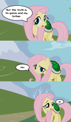Size: 640x1104 | Tagged: safe, edit, edited screencap, screencap, fluttershy, pegasus, pony, friendship is magic, 3 panel comic, caption, comic, dialogue balloon, female, google translate, image macro, implied patricide, koopa shell, koops, mare, meme, paper mario, paper mario: the thousand year door, screencap comic, solo, text, this will end in patricide, turtle shell