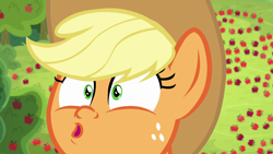 Size: 1920x1080 | Tagged: safe, derpibooru import, screencap, applejack, earth pony, pony, going to seed, :o, apple, apple tree, appul, close-up, cute, faic, female, food, jackabetes, mare, open mouth, solo, tree