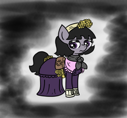 Size: 640x600 | Tagged: safe, artist:ficficponyfic, part of a series, part of a set, oc, oc only, oc:mulberry telltale, boots, clothes, cyoa, cyoa:madness in mournthread, despondent, dress, eyeshadow, female, flower, headband, makeup, mare, monochrome, mystery, neckerchief, pointy nose, sad, satchel, scarf, shoes, simple background, solo, story included, tail wrap