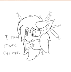 Size: 871x886 | Tagged: safe, artist:lunar froxy, oc, oc only, oc:lunar frost, bat pony, pony, ear fluff, eye clipping through hair, male, meme, risk of rain 2, sketch, slit eyes, smiling, stallion, syringe