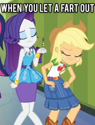 Size: 2048x2710 | Tagged: safe, edit, edited screencap, screencap, applejack, rarity, better together, equestria girls, cropped, duo focus, eyes closed, eyeshadow, implied farting, makeup, photo