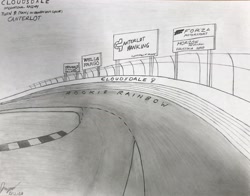 Size: 2685x2103 | Tagged: safe, artist:forzaveteranenigma, billboard, cloudsdale international raceway, fanfiction art, forza motorsport, no pony, race track, read description, traditional art