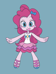 Size: 2448x3264 | Tagged: safe, artist:haibaratomoe, pinkie pie, better together, equestria girls, blue background, chibi, clothes, cute, diapinkes, looking at you, miniskirt, moe, sandals, simple background, skirt, solo