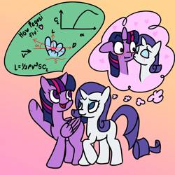 Size: 4000x4000 | Tagged: safe, artist:anderdragon76, rarity, twilight sparkle, twilight sparkle (alicorn), alicorn, pony, unicorn, blushing, female, heart, kiss on the cheek, kissing, lesbian, math, missing cutie mark, rarilight, shipping, thought bubble