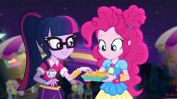 Size: 1920x1080 | Tagged: safe, screencap, crimson napalm, paisley, pinkie pie, raspberry lilac, sci-twi, twilight sparkle, better together, equestria girls, sunset's backstage pass!, geode of sugar bombs, glasses, magical geodes, music festival outfit