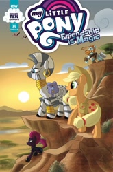 Size: 1054x1600 | Tagged: safe, artist:amy mebberson, idw, applejack, rockhoof, tempest shadow, zecora, earth pony, pony, unicorn, zebra, spoiler:comic, spoiler:comic89, bag, cover, ear piercing, earring, female, hooves, horn, jewelry, male, mare, neck rings, open mouth, piercing, saddle bag, season 10, stallion, tree