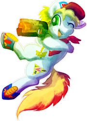 Size: 900x1253 | Tagged: safe, artist:amura-of-jupiter, oc, oc only, oc:triforce treasure, earth pony, bandana, cap, clothes, colorful, commission, cutie mark, gun, hammershot, hat, male, nerf gun, shoes, simple background, smiling, solo, the legend of zelda, transparent background, triforce, weapon