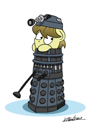 Size: 1277x1753 | Tagged: safe, artist:bobthedalek, oc, oc only, oc:kettle master, earth pony, pony, dalek, doctor who, mark 4 dalek, peeking, pun, simple background, solo