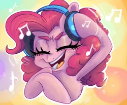 Size: 1190x987 | Tagged: safe, artist:wimsie, pinkie pie, earth pony, pony, armpits, bust, clothes, eyes closed, headphones, listening, open clothes, portrait