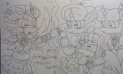 Size: 4429x2654 | Tagged: safe, artist:徐詩珮, fizzlepop berrytwist, glitter drops, spring rain, tempest shadow, twilight sparkle, anthro, unicorn, series:ponies in precure universes, bisexual, broken horn, clothes, crying, dress, female, glitterlight, glittershadow, horn, lesbian, lineart, mare, polyamory, precure, shipping, sprglitemplight, springdrops, springlight, springshadow, springshadowdrops, suite precure, tempestlight, tomboy taming, traditional art
