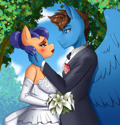 Size: 877x912 | Tagged: safe, artist:chacrawarrior, oc, oc only, oc:blueberry crisp, oc:buckshot, anthro, earth pony, pegasus, anthro oc, bedroom eyes, blushing, buckberry, clothes, dress, female, flower, imminent kissing, lidded eyes, looking at each other, male, marriage, straight, tuxedo, wedding dress