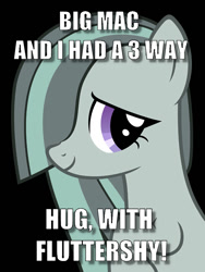 Size: 750x1000 | Tagged: safe, marble pie, bait and switch, caption, hug, image macro, implied big macintosh, implied fluttermac, implied fluttermarblemac, implied fluttershy, implied marblemac, implied shipping, implied straight, innocent innuendo, meme, painfully innocent marble, solo, text