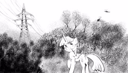 Size: 4950x2859 | Tagged: safe, artist:alexandrvirus, twilight sparkle, twilight sparkle (alicorn), alicorn, pony, black and white, grayscale, helicopter, monochrome, power line, solo