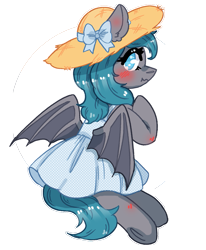 Size: 777x941 | Tagged: source needed, safe, artist:rednineuwu, oc, oc only, oc:midnight dagger, bat pony, clothes, cute, dress, hat, simple background, solo, straw hat, sundress, transparent background