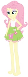 Size: 346x921 | Tagged: safe, artist:marcorois, edit, editor:thomasfan45, fluttershy, equestria girls, barefoot, clothes, cute, cutie mark on clothes, edited vector, feet, female, hand on hip, lidded eyes, miniskirt, simple background, skirt, smug, solo, tanktop, vector, white background