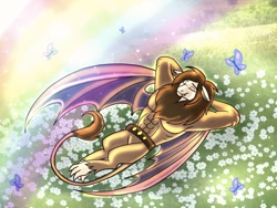 Size: 2048x1536 | Tagged: safe, artist:melspyrose, scorpan, butterfly, armpits, flower, rainbow, solo