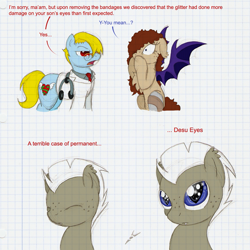 Size: 967x967 | Tagged: safe, artist:ravenpuff, oc, oc only, oc:morgana, oc:nightshift, bat pony, earth pony, pony, bat pony oc, bust, clothes, comic, dialogue, doctor, earth pony oc, eyes closed, freckles, glasses, graph paper, lab coat, lined paper, starry eyes, traditional art, wingding eyes