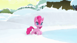 Size: 800x450 | Tagged: safe, screencap, pinkie pie, earth pony, pony, ice and slice, my little pony: pony life, my little pony: stop motion short, animated, annoyed, cake, cute, diapinkes, food, gif, happy, ice, outdoors, pinkie pie is not amused, sliding, slipping, snow, solo, stop motion, tongue out, unamused