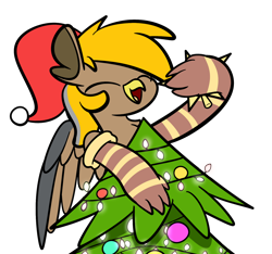 Size: 1640x1536 | Tagged: safe, artist:kimjoman, part of a set, oc, oc:pad, griffon, christmas, christmas lights, christmas tree, clothes, hat, holiday, simple background, socks, solo, transparent background, tree, ych result